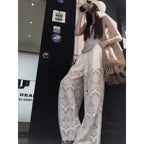Hollow Lace White Casual Wide Leg 2025 Loose New Lazy Style Design Straight Trousers