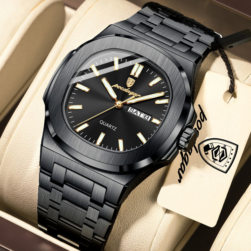 POEDAGAR Top Trendy Men's Watches Waterproof Luminous Date Week Luxury Men Watch Stainless Steel Quartz Business Man Clock Reloj