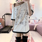 Japanese Y2k Subculture Cute T Shirt Off-shoulder White Short-sleeved Summer T-shirt Woman Cartoon Print Sweet Harajuku Tees