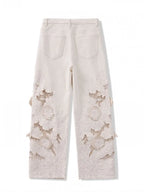 Designer Women Fashion Spring Summer Embroidery Flowers Jeans Hollow Out High Waist Denim Pants Casual Ankle Length Trousers