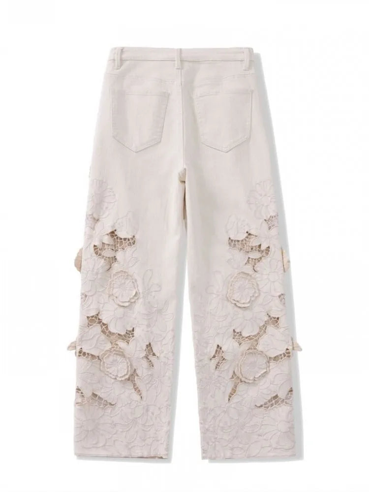 Designer Women Fashion Spring Summer Embroidery Flowers Jeans Hollow Out High Waist Denim Pants Casual Ankle Length Trousers