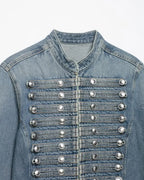 2026 New Women Denim 2 Piece Set Streetwear Button Decorated Stand Collar Cropped Jacket + Low Waist Shorts Y2K Outfi