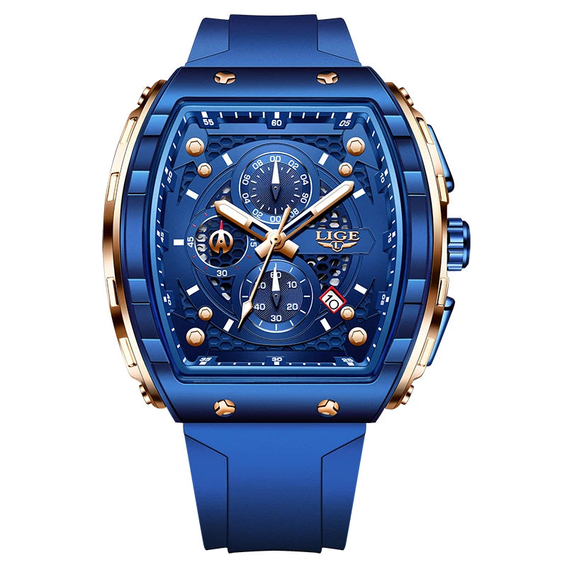 LIGE Waterproof Watches For Men Original Brand Luxury Silicone Square Men's Quartz Wristwatch Fashion Military Chronograph Male