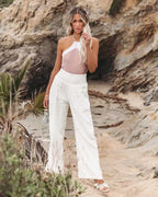 Women's casual pants with drawstring, mid waist, beach wide leg, spring and summer, European and American pants