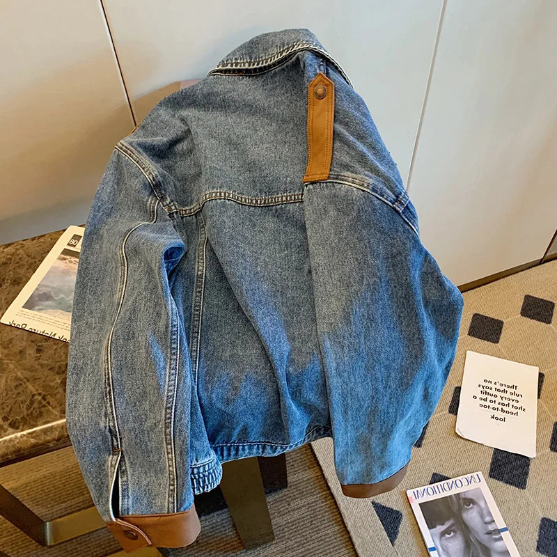 CJFHJE Blue Vintage Patchwork Denim Jacket Women Chicly Fashion Korean Loose Female Jackets Harajuku Zipper Casual Denim Coats