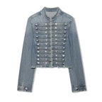 2026 New Women Denim 2 Piece Set Streetwear Button Decorated Stand Collar Cropped Jacket + Low Waist Shorts Y2K Outfi