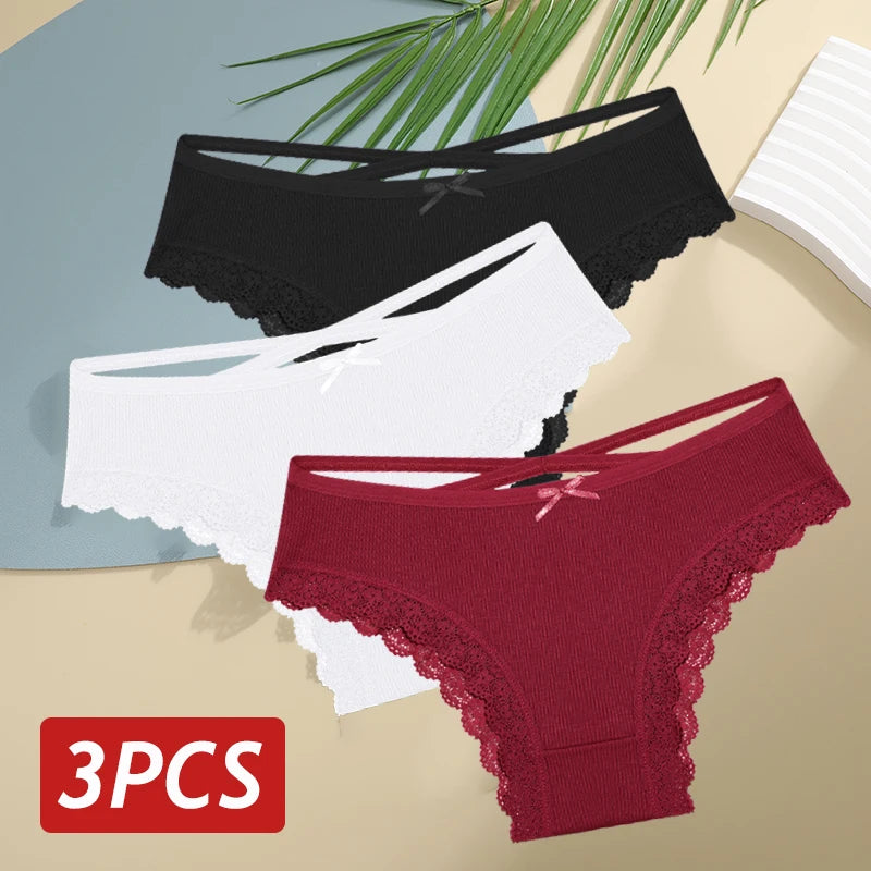 3PCS/Set Women’s Cotton Lace Bikini Panties – Low-Rise Breathable Soft Stretch Underwear (95% Cotton Comfort Fit) Sexy Low Rise Lace Brazilian Panties Hollow Out Soft Breathable Lingerie Female Bow Underwear S-XL