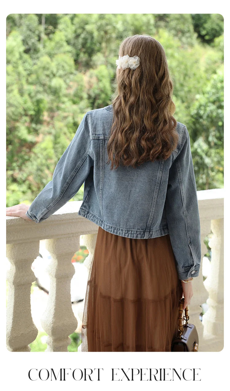 I BELIEVE YOU Short Denim Coat for Women 2024 Crew Neck Autumn New Casual Basic Straight Comfort Retro Female Jackets CWN245542A