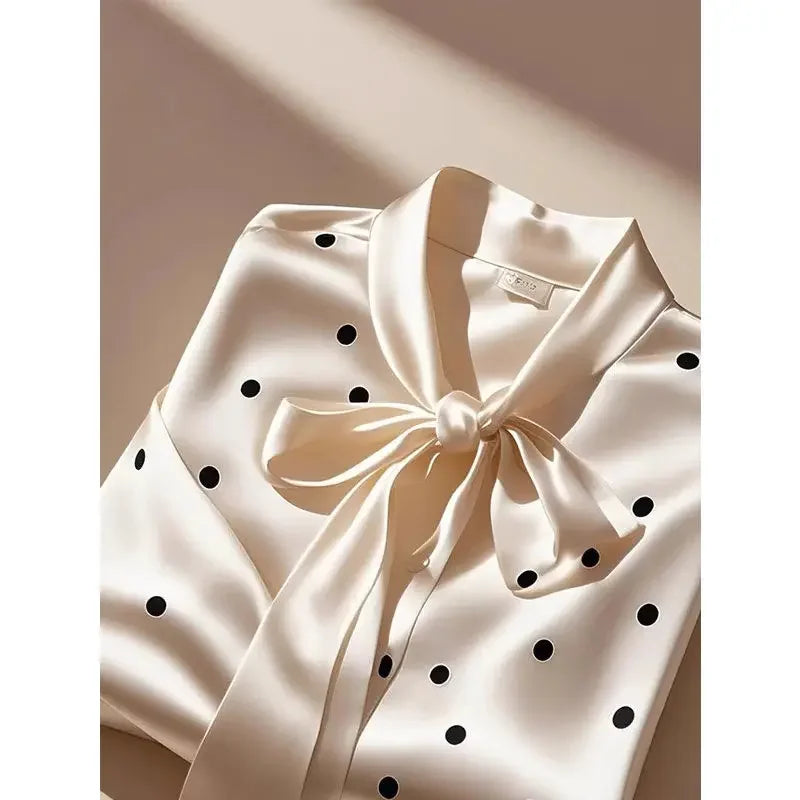 Elegant High Quality Satin Polka Dot Print Shirt Women Office Lady Business Casual Chic Blouse Lace-up Bow Long Sleeve Loose Top