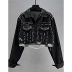 Women's Heavy Industry Riveted Diamond Denim Jacket Spring  Autumn New Slim Fashion Frayed Beaded Jacket Denim Female Tops 2026
