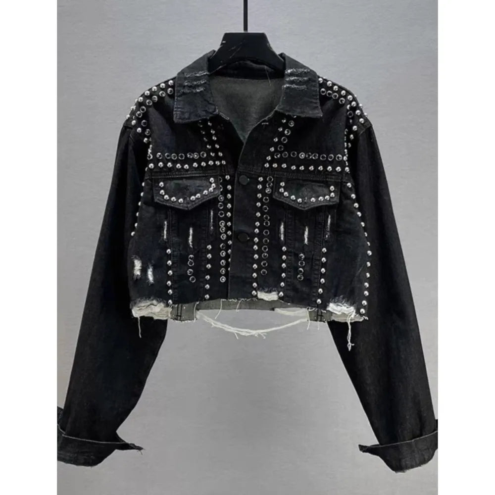 Women's Heavy Industry Riveted Diamond Denim Jacket Spring  Autumn New Slim Fashion Frayed Beaded Jacket Denim Female Tops 2026