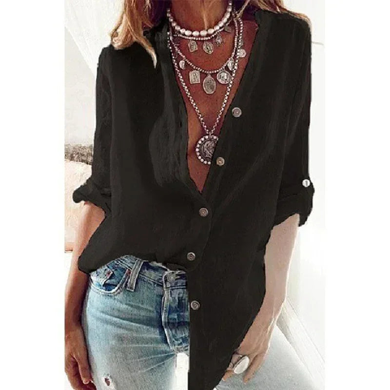 Summer Women's Cotton Linen Shirt Fashion Solid Color Casual Loose Button V-Neck Long Sleeve Top Commuter Wear
