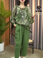 New Womens Cotton and Linen Clothing Sets Female Floral Long Sleeve Tops and Loose Pants Female 2PCS Outfits Plus Size