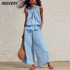 Summer Cotton Linen Solid Color Sleeveless Vest Top Women Pants Suit Casual Pocket Elegant Female Office Retro 2 Piece Set