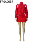 FAGADOER Casual Color Block 2 Piece Sets Woman Outfit Drawstring Ruched Patchwork Crop Top and Skirt Matching Female Streetwear