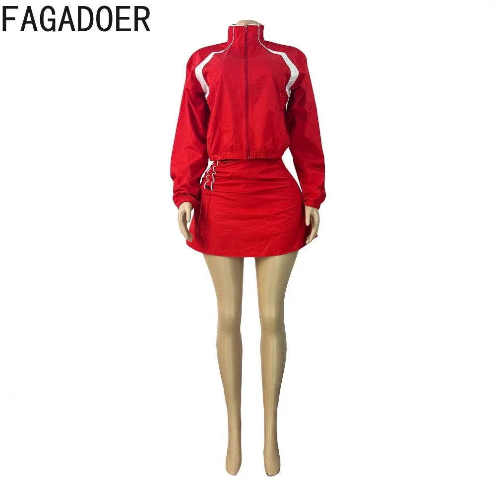 FAGADOER Casual Color Block 2 Piece Sets Woman Outfit Drawstring Ruched Patchwork Crop Top and Skirt Matching Female Streetwear