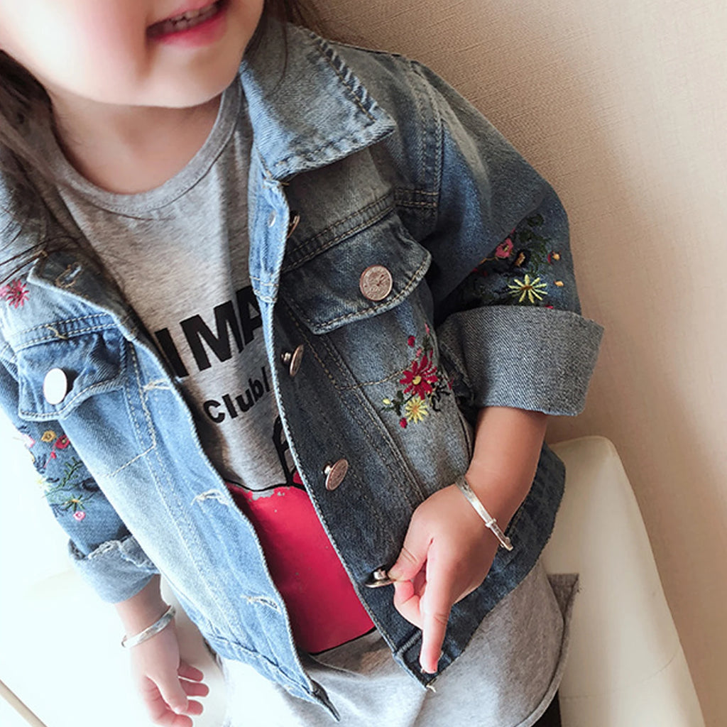 Girls' Denim Jacket with Embroidered,Flowers Fashion Kids Denim Jacket,Toddlers Transition Coat,Casual Children's Cowboy Outwear