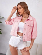 Womens Jean Jacket Cropped Denim Jackets Purple Yellow White Blue Stretchy 3/4 Puff Sleeve Distressed Shacket With Pockets