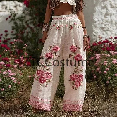 Cosplay Floral Printed Trousers Elegant Women Pants 3D Pattern Straight Leg Casual Party Long Pants