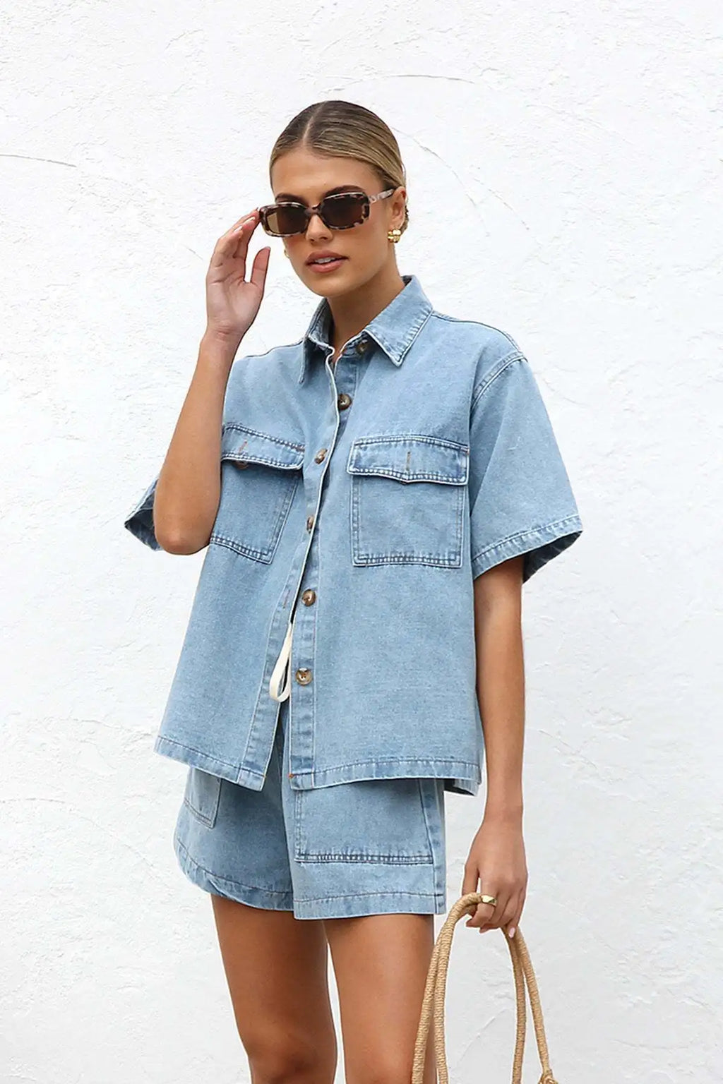 Summer Trendy Women's Casual Loose Pocket Short Sleeve Shirt Cowboy Two Piece Set