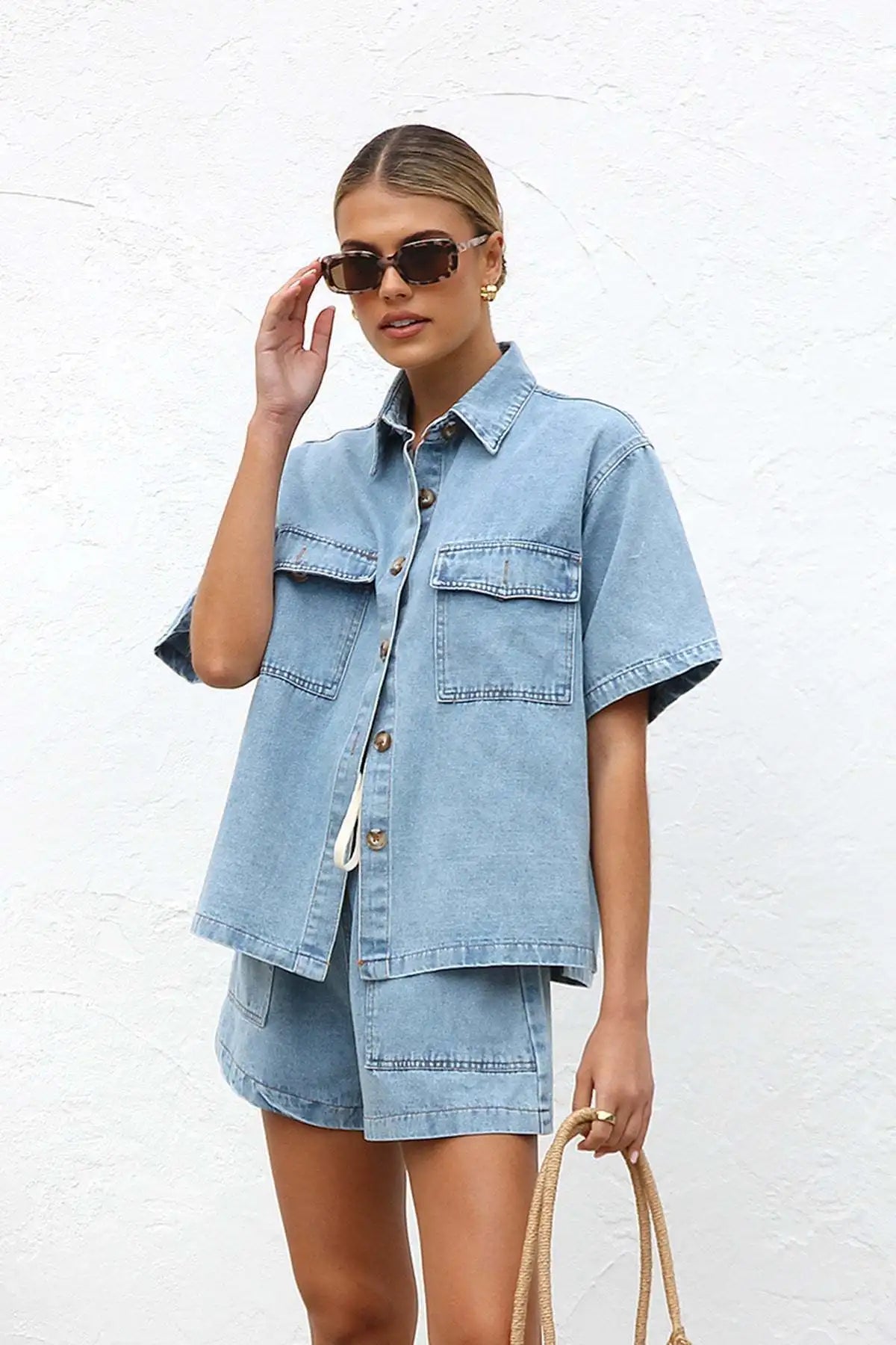 Summer Trendy Women's Casual Loose Pocket Short Sleeve Shirt Cowboy Two Piece Set