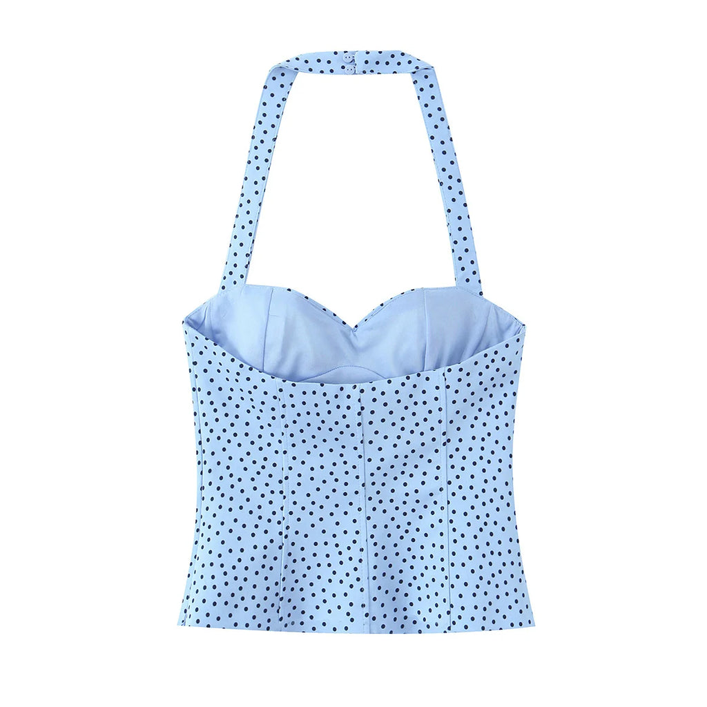 2026 Women New Fashion Suit Sexy Sleeveless Backless Polka Dot Halter Slim Short Top+Side Zipper Casual Short Skirts