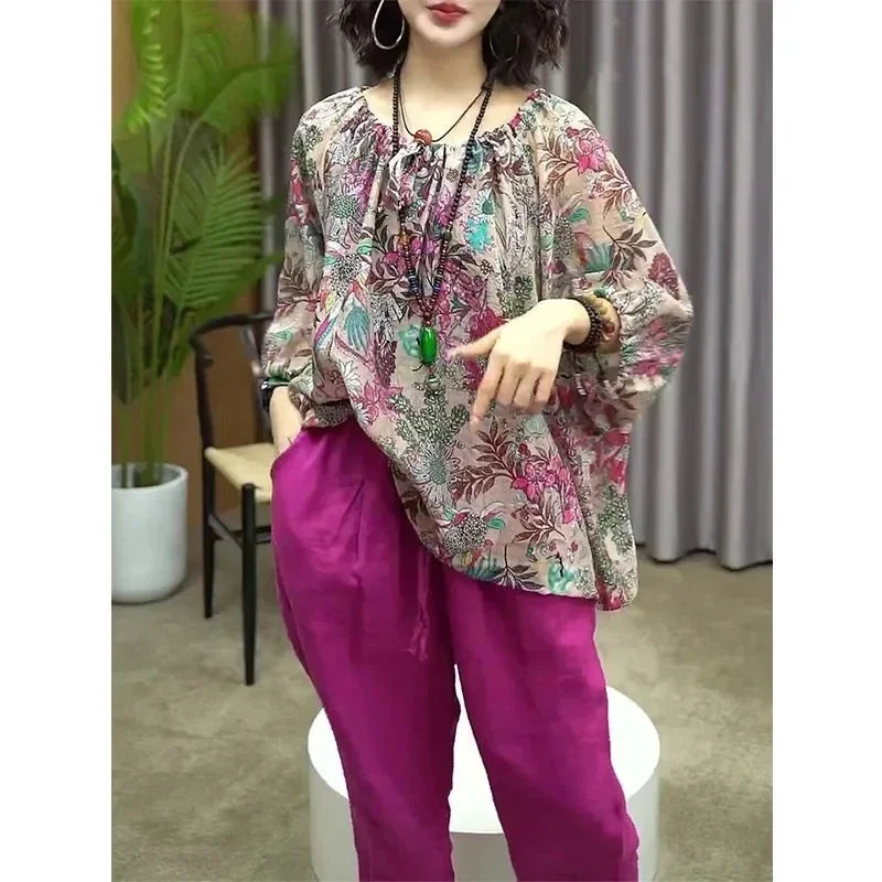 New Womens Cotton and Linen Clothing Sets Female Floral Long Sleeve Tops and Loose Pants Female 2PCS Outfits Plus Size