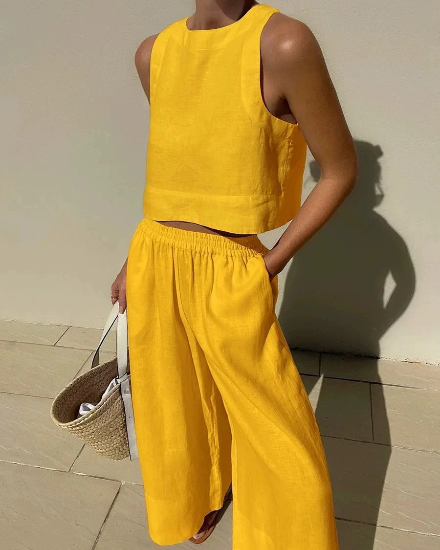 Cotton And Linen Pant Sets Women Sleeveless Leace-up Short Tops Drawstring Long Pants Two Piece Set Commuting 2023 Summer New