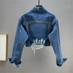 Women's Heavy Industry Riveted Diamond Denim Jacket Spring  Autumn New Slim Fashion Frayed Beaded Jacket Denim Female Tops 2026