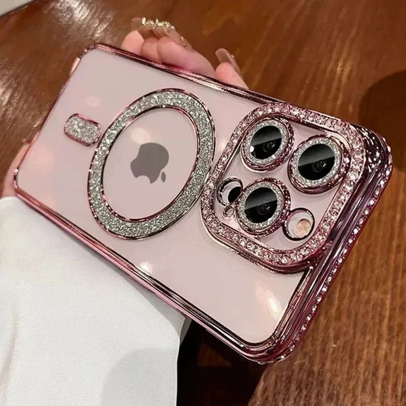 Luxury Glitter Diamond Clear Phone Case For iPhone 15 11 12 13 14 Pro Max Magsafe Magnetic iphone Case Wireless Charging Cover