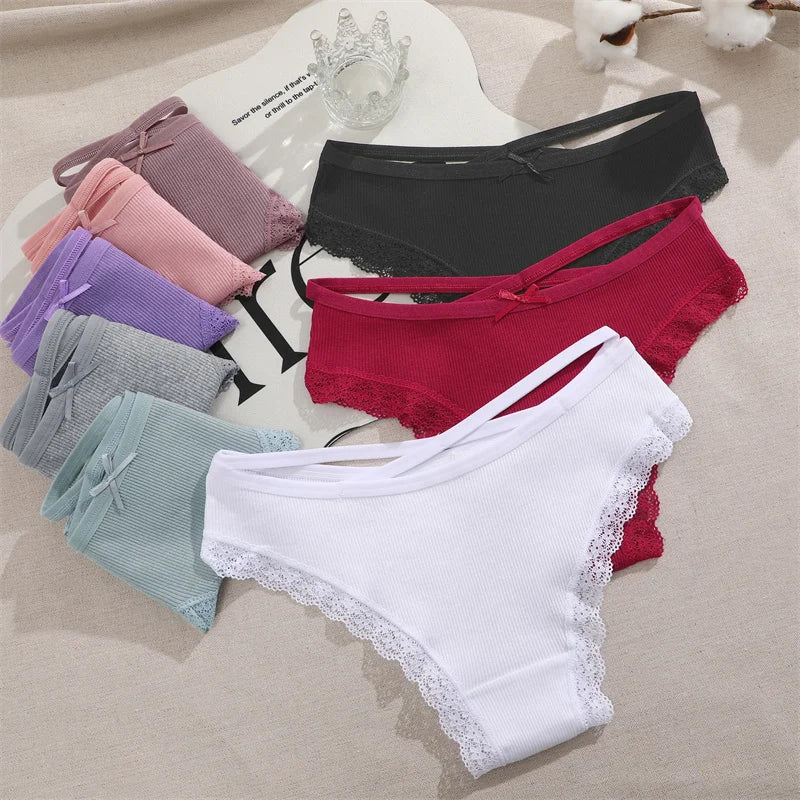 3PCS/Set Women’s Cotton Lace Bikini Panties – Low-Rise Breathable Soft Stretch Underwear (95% Cotton Comfort Fit) Sexy Low Rise Lace Brazilian Panties Hollow Out Soft Breathable Lingerie Female Bow Underwear S-XL