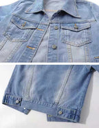 Womens Jean Jacket Cropped Denim Jackets Purple Yellow White Blue Stretchy 3/4 Puff Sleeve Distressed Shacket With Pockets