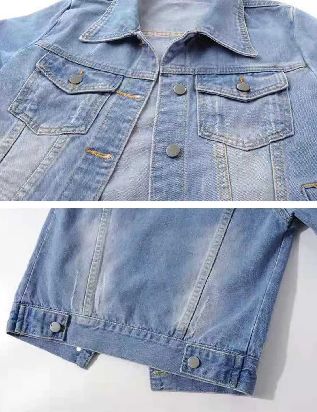 Womens Jean Jacket Cropped Denim Jackets Purple Yellow White Blue Stretchy 3/4 Puff Sleeve Distressed Shacket With Pockets
