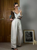 Black Polka Dot Linen Pants Women Wide Leg Summer Trousers Baggy For Ladies White Oversize Cotton Linen Pants Woman Wide