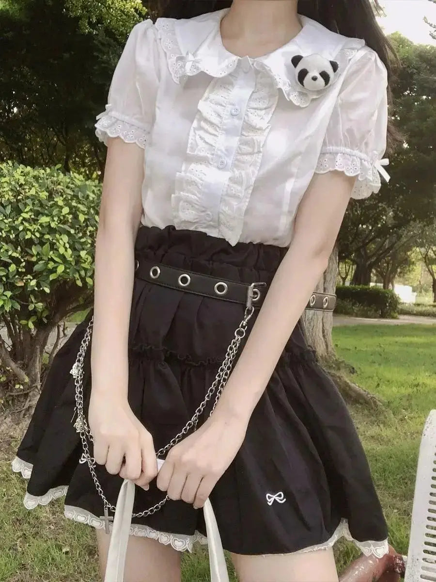 Deeptown Kawaii Lolita Blouses White Women Cute Lace Tops Ruffle Shirts Vintage Puff Sleeve Japanese Preppy Style Sweet Tops
