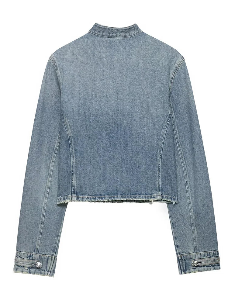HH Women Vintage Distressed Denim Military Jacket Spring Autumn Slim Fit Biker Style Button Female Cropped Jean Coat Streetwear
