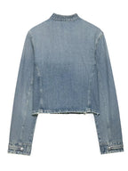 HH Women Vintage Distressed Denim Military Jacket Spring Autumn Slim Fit Biker Style Button Female Cropped Jean Coat Streetwear
