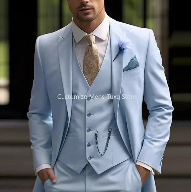 New Beige Suit Men Business Tuxedos Formal 3 Piece Set Jacket Vest Pants Single Breasted Groom Groomsman Prom Wedding Party