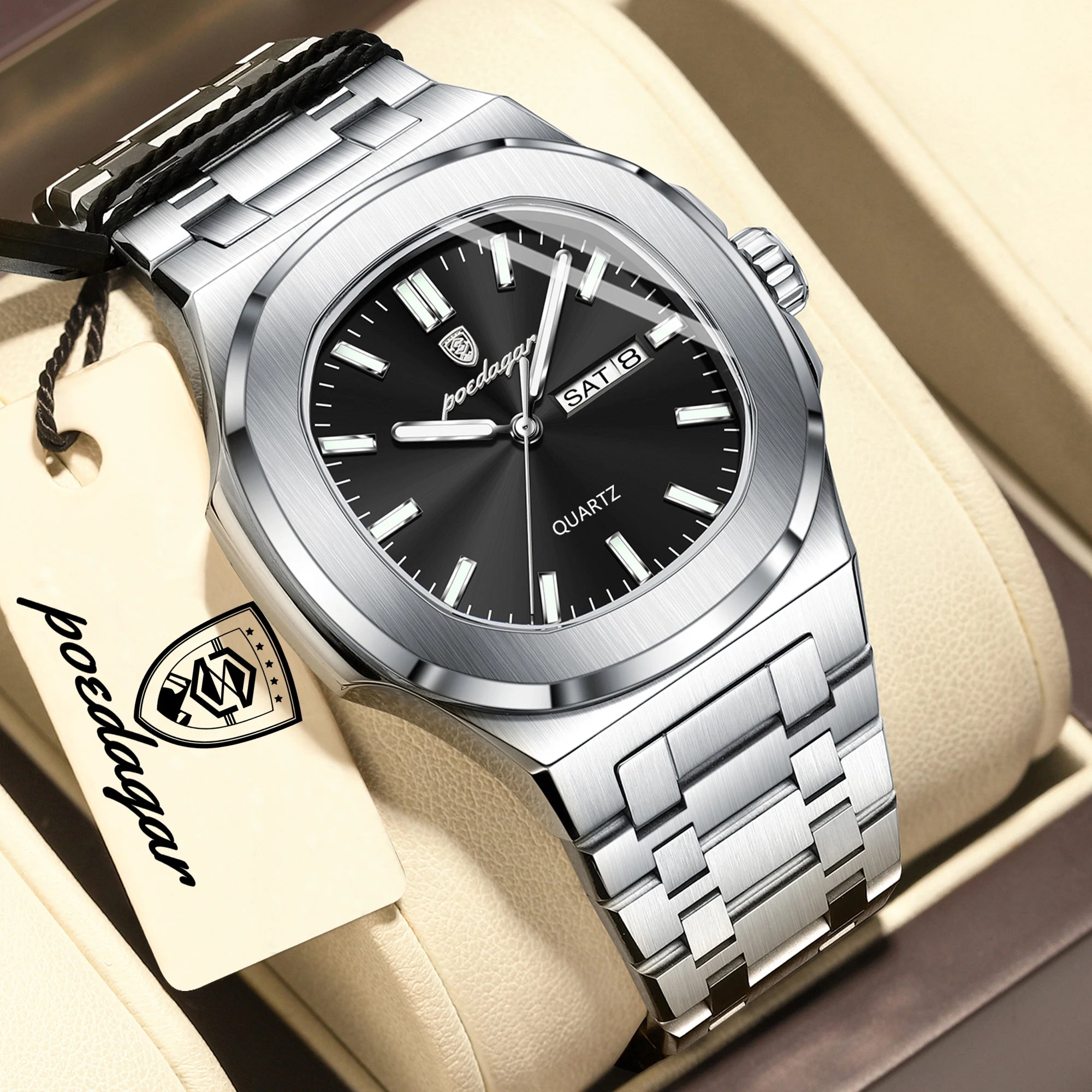 POEDAGAR Top Trendy Men's Watches Waterproof Luminous Date Week Luxury Men Watch Stainless Steel Quartz Business Man Clock Reloj