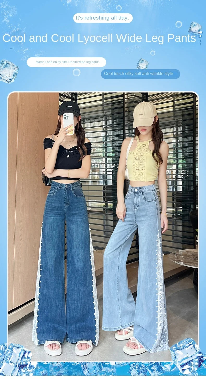 High Waist Women Jeans New Summer Thin Fashion Loose Hollow Out Wide Leg Pearl Lace Rayon Denim Pants