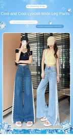 High Waist Women Jeans New Summer Thin Fashion Loose Hollow Out Wide Leg Pearl Lace Rayon Denim Pants