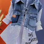Women Denim Jacket Fake Two Denim Shirts 2025 New Spring Summer Autumn Casual Fashion Joker Stitching Striped Tops Coat Female