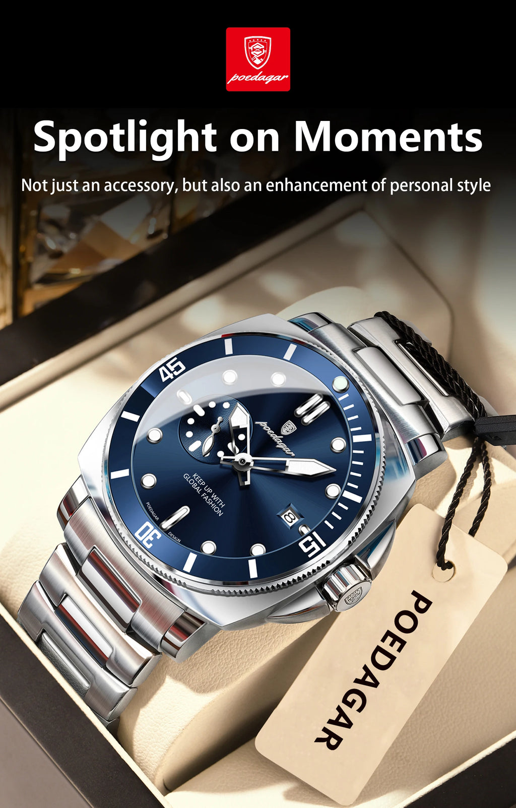 POEDAGAR Top Fashion Luxury Watch For Men Waterproof Luminous Date Men's Watches Stainless Steel Business Quartz Male Wristwatch