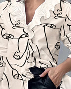 Women's V-Neck Puff Long Sleeve Ruffles Blouse, Office Lady Buttons, White Shirt, Elegant, Chic, Female Fashion, Sexy, 26550