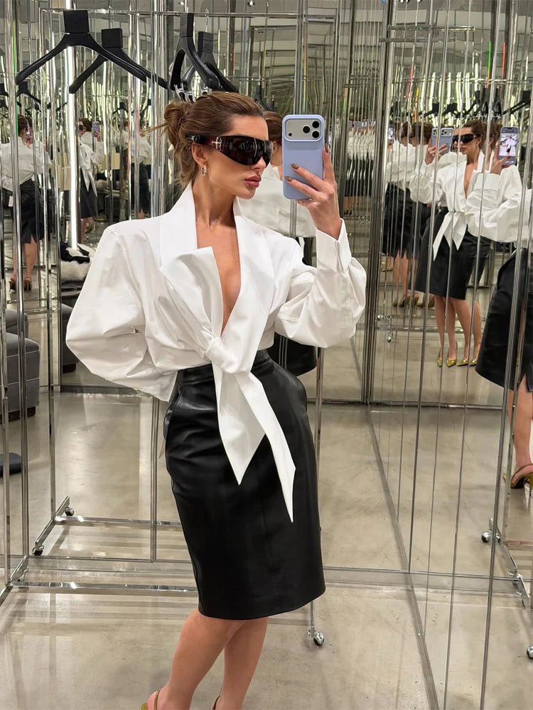 Women's White Tie Front Knot Blouse Elegant Sexy Oversized Collared Shirt with Bow Detail 2026 Women's Office Wear Tops