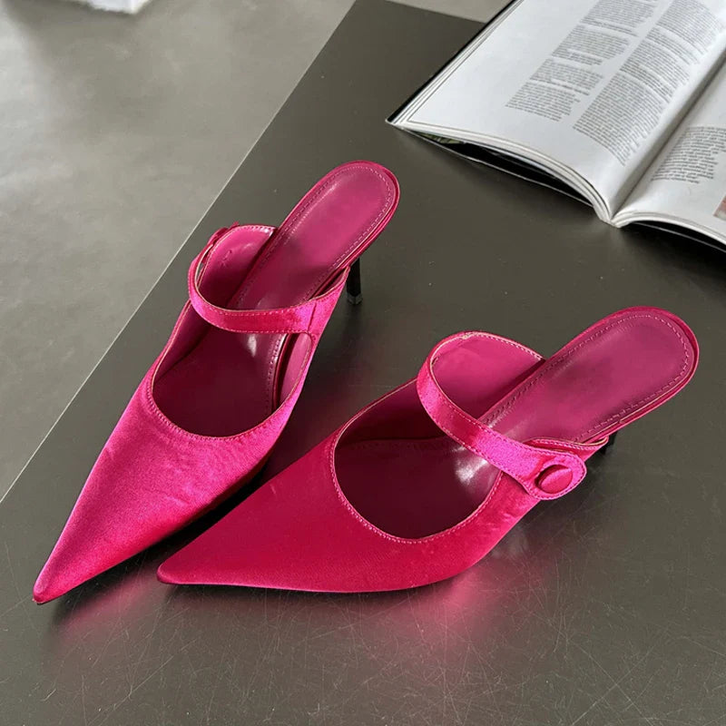Eilyken Satin Button Pointed Toe Mules Pumps Women Slipper Fashion Shallow Thin High Heels Ladies Shoes