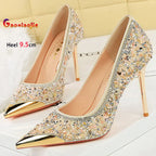 Shiny Crystal Apricot High Heels 9.5cm Women's Shoes Thin Heels Metal Pointed Ladies Pumps Shallow Slip On Stiletto Party Shoes