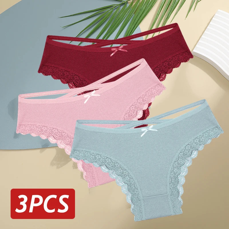 3PCS/Set Women’s Cotton Lace Bikini Panties – Low-Rise Breathable Soft Stretch Underwear (95% Cotton Comfort Fit) Sexy Low Rise Lace Brazilian Panties Hollow Out Soft Breathable Lingerie Female Bow Underwear S-XL