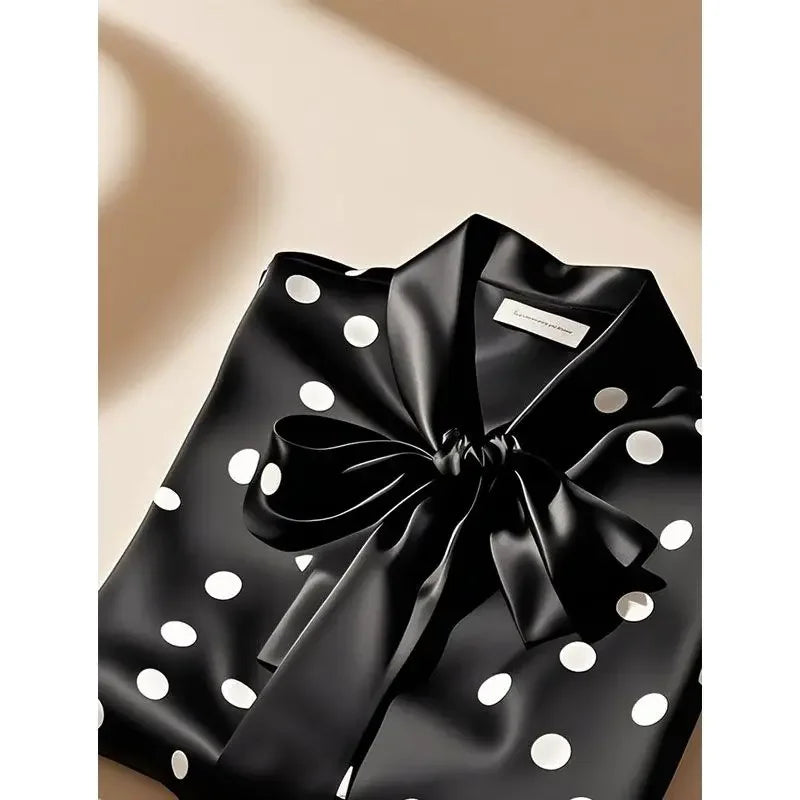 Elegant High Quality Satin Polka Dot Print Shirt Women Office Lady Business Casual Chic Blouse Lace-up Bow Long Sleeve Loose Top