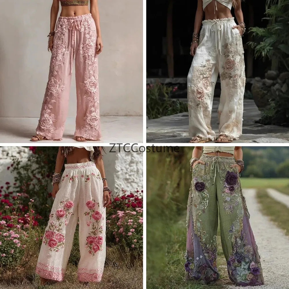 Cosplay Floral Printed Trousers Elegant Women Pants 3D Pattern Straight Leg Casual Party Long Pants
